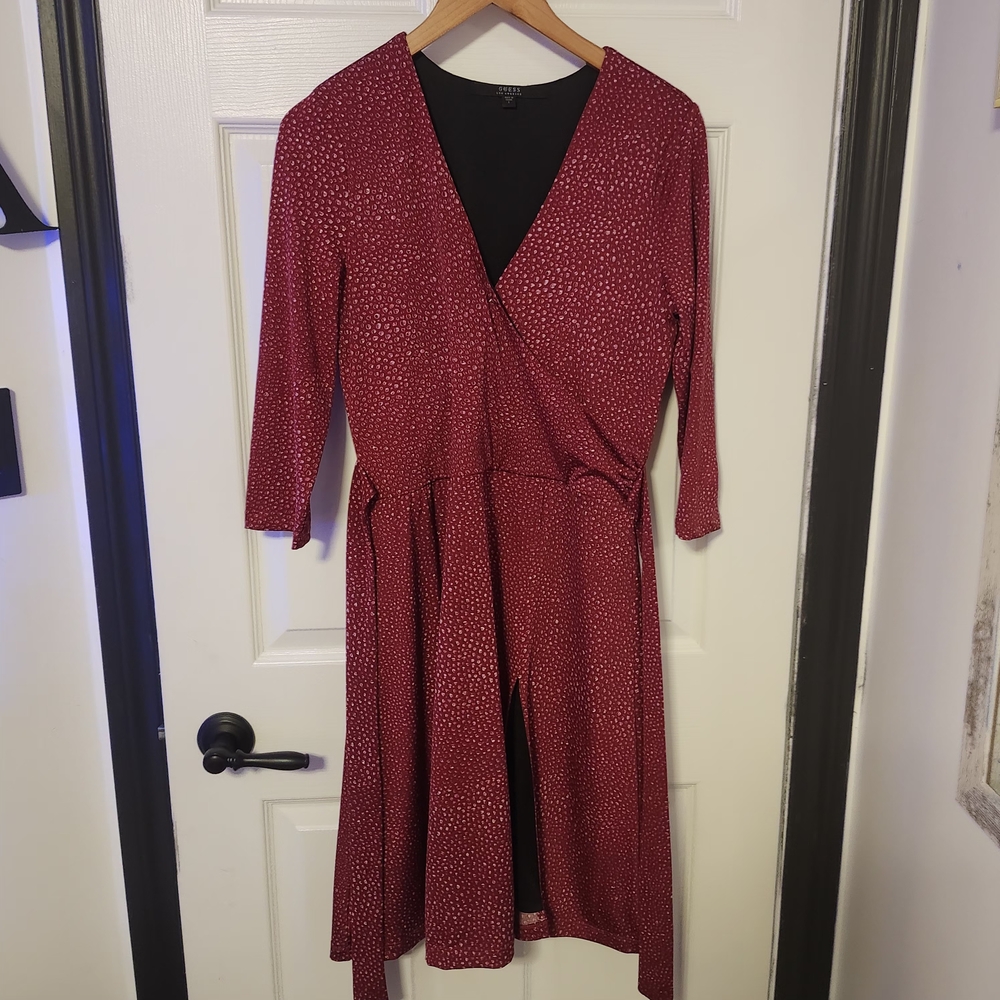 Guess Burgundy Long Sleeve Wrap Dress